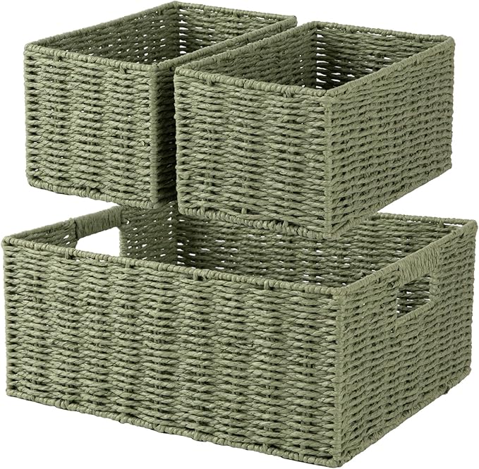 OIAHOMY Wicker Baskets for Organizing, Large and Small Shelf Baskets Set, Handwoven Bins for Storage,Paper Rope Home Organizers, Set of 3-Green