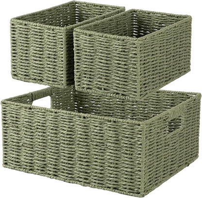OIAHOMY Wicker Baskets for Organizing, Large and Small Shelf Baskets Set, Handwoven Bins for Storage,Paper Rope Home Organizers, Set of 3-Green