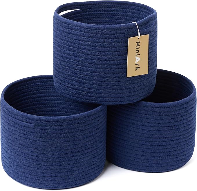 MiniArk Small Basket for Organizing | Cube Shelf Closet Storage Baskets | 9.7×9.7×7.1” | Woven Rope Gift Basket | Nursery | Round 3 Packs Navy Blue