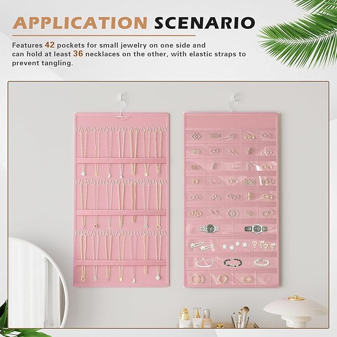 Hanging Jewelry Organizer Storage Roll, Double-Sided Necklaces Holder, 42 Pockets Plus 36 hooks Earrings Organizer Hang in Closet, On Wall, or Doors, Pink