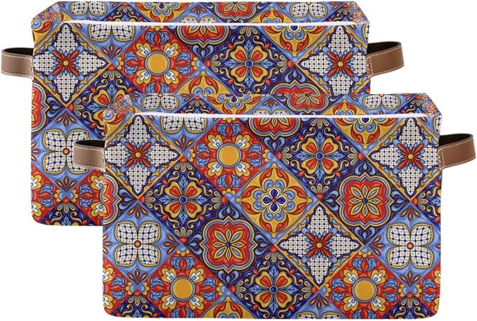 Foldable Storage Baskets Set of 2, Mexican Ceramic Tile Pattern Storage Bins with Handles, Decorative Cloth Organizer Storage Boxes for Home|Office 15 x 11 x 9.5 in