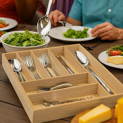 Rustic Wood Cutlery Tray – 6 Slot Flatware Organizer for Kitchen Drawers | Farmhouse Style Silverware & Utensil Storage