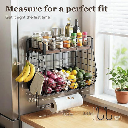 Magnetic Spice Rack for Refrigerator with Paper Towel Holder, Fruit Basket with 2 Hooks for Kitchen Storage and Organizer, Full‑Enclosed Magnetic Shelf 33 lbs for Laundry, Pantry, Coffee Bar and RV