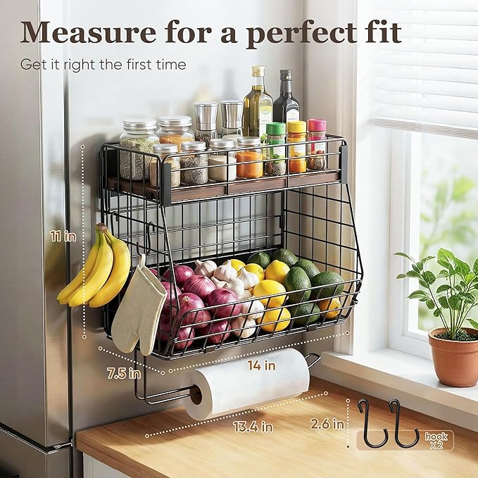 2 Pack Magnetic Spice Rack for Fridge with Paper Towel Holder, Fruit Basket with 4 Hooks for Kitchen Storage and Organizer, Full‑Enclosed Magnetic Shelf 33 lbs for Laundry, Pantry, Coffee Bar and RV