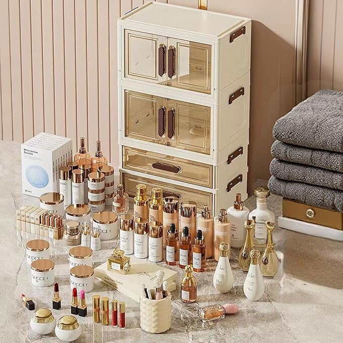 A stackable desktop organizer with drawers and compartments, ideal for storing cosmetics, beauty tools, jewelry, and school supplies in a student dorm. Features a convenient magnetic door handle.