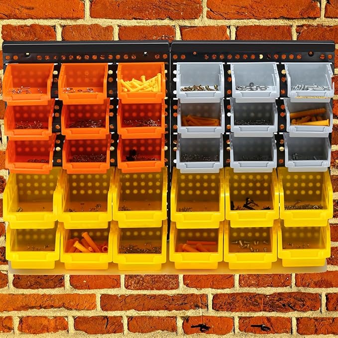 30-Bin Wall Mounted Storage Bins Kit, Tool Organizer Rack, Garage Hardware Organizer, Parts Storage Bins, DIY Combination 4 Set (Grey & Orange & Yellow Type)