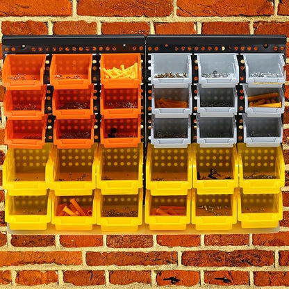 30-Bin Wall Mounted Storage Bins Kit, Tool Organizer Rack, Garage Hardware Organizer, Parts Storage Bins, DIY Combination 4 Set (Grey & Orange & Yellow Type)