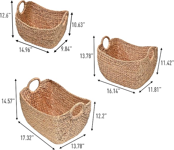 happimess BSK2002A-3SET Nellie Farmhouse Classic Handwoven Hyacinth Boat Wicker Storage Baskets with Handles, Natural (Set of 3), Seagrass Containers for Decoration in Living Room, Bedroom