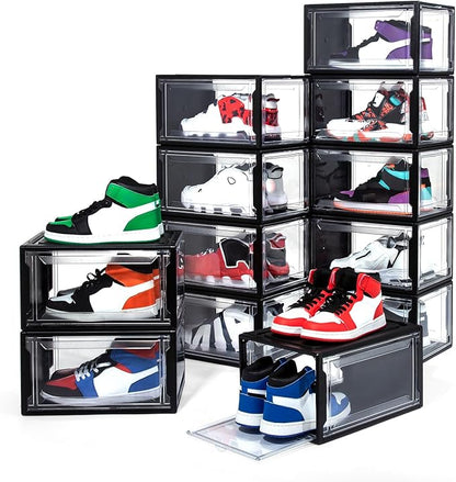 12 Pack Shoe Boxes, Clear Acrylic Plastic Shoe Boxes Stackable, Space-Saving Foldable Drop Front Shoe Storage Boxes Container for With Lids Fits Up to Size 15 (Dark Black)