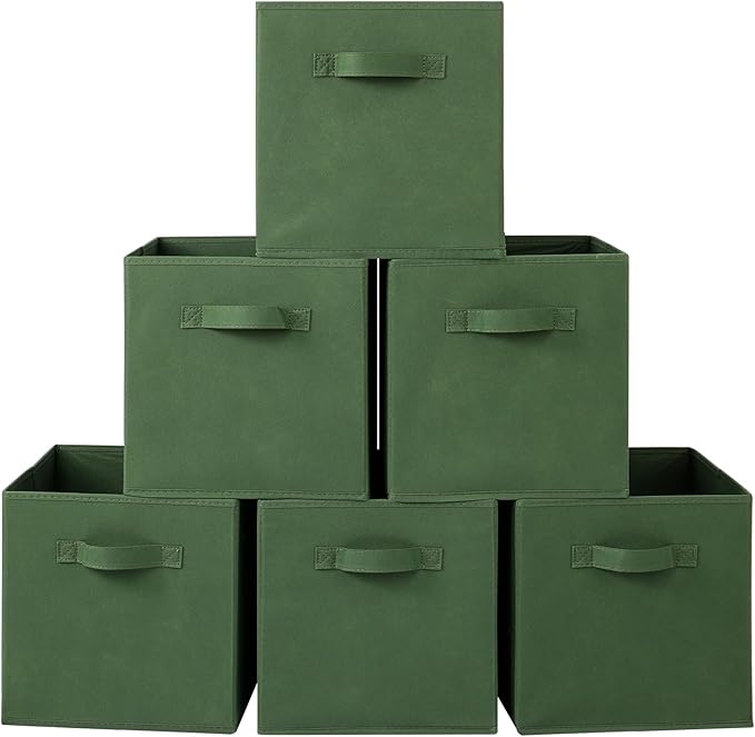 Stero Fabric Storage Bins 6 Pack Fun Colored Durable Storage Cubes with Fabric Handles Foldable Cube Baskets for Home, Kids Room, Closet and Toys Organization Dark Green