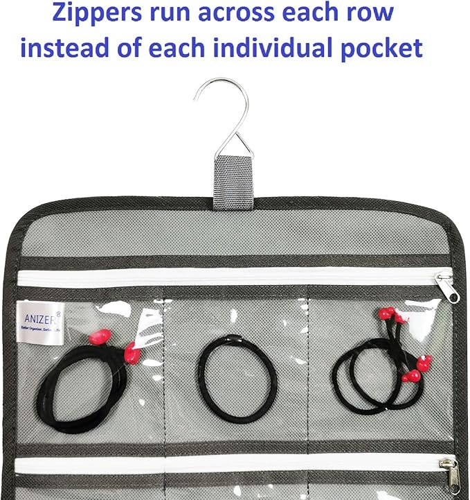 Hanging Jewelry Organizer with 10 Zippered Clear Pockets for Travel Suitcase and Home Closet Jewelry Storage Bag (GREY)