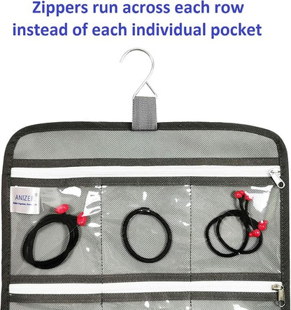 Hanging Jewelry Organizer with 10 Zippered Clear Pockets for Travel Suitcase and Home Closet Jewelry Storage Bag (GREY)