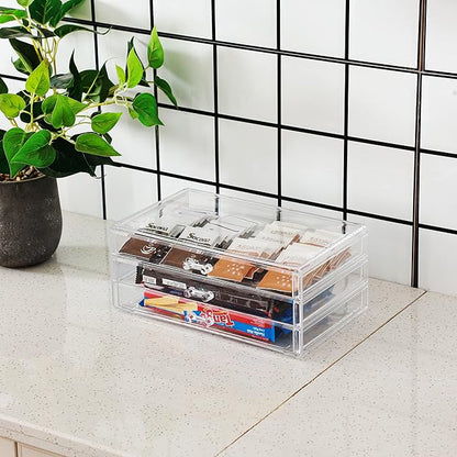 Cq acrylic 1 Pack Clear Acrylic Drawer Organizer Countertop,Stackable 3 Drawers Makeup Storage,Cute Cube Make Up Organizer for Dresser Hair Clip,Beauty Product Desk and Bathroom Organizers and Storage