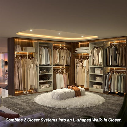 iSunirm 8FT Closet System with Shelves, 96'' Closet Organizer System with 3 Hanging Rods, Wall Mount Bedroom Wardrobe Walk-in Closet, Adjustable Cloth Garment Rack from 5 to 8FT(Cut to Fit), White Oak
