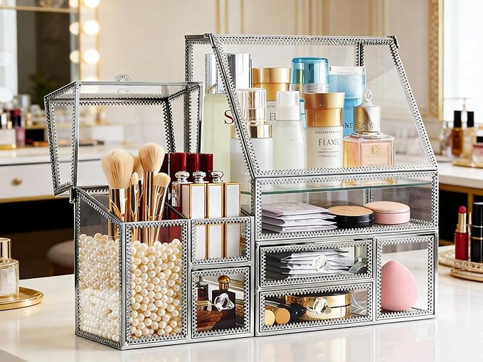 Tempered Glass Makeup Organizer with Heart Shaped Metal Frame, Large Cosmetic Storage Drawer Cabinet, Dustproof Vanity Display Case for Lipstick Makeup Brush Skincare Bathroom Bedroom