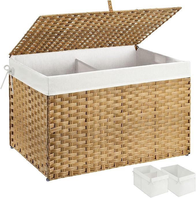 Greenstell Storage Basket with Lid, 160L Large Wicker Basket with Lid, Handwoven Blanket Storage Basket with Handles, Removable Cotton Liner, Metal Frame, Foldable for Bedroom, Laundry Room, Natural