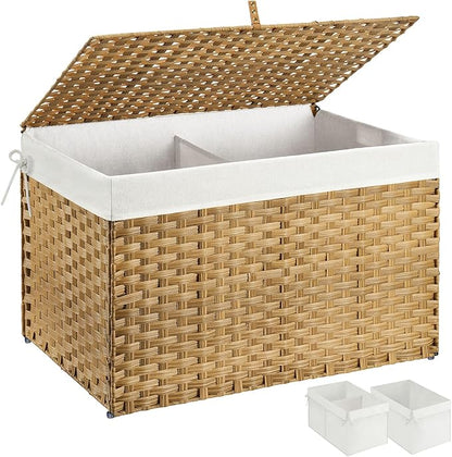 Greenstell Storage Basket with Lid, 160L Large Wicker Basket with Lid, Handwoven Blanket Storage Basket with Handles, Removable Cotton Liner, Metal Frame, Foldable for Bedroom, Laundry Room, Natural