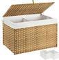 Greenstell Storage Basket with Lid, 160L Large Wicker Basket with Lid, Handwoven Blanket Storage Basket with Handles, Removable Cotton Liner, Metal Frame, Foldable for Bedroom, Laundry Room, Natural