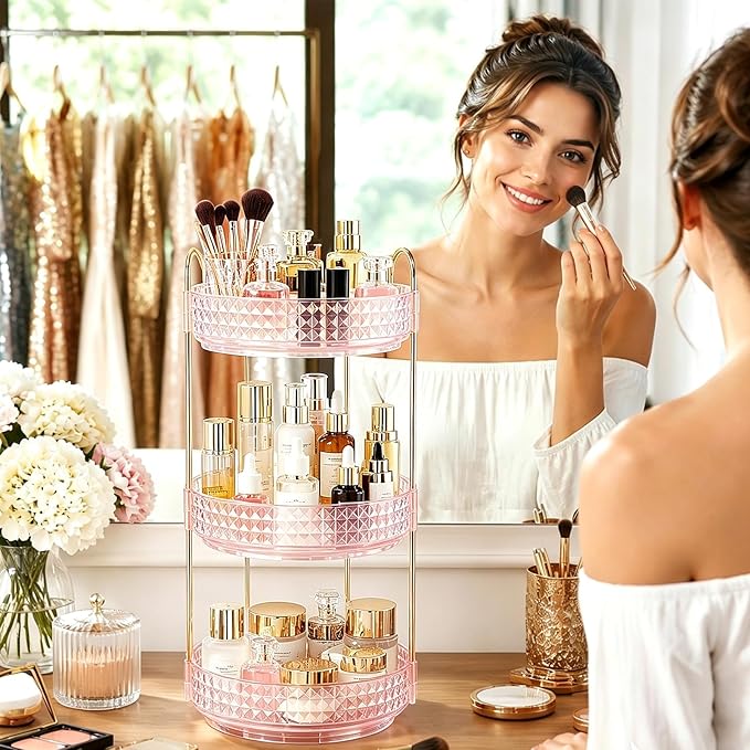 Fangoo 3 Tiers Pink Rotating Makeup Organizer for Vanity 360 Spinning Skincare Organizers for Dresser Perfume Organizer Large Skincare Make up Storage Cosmetic Organizer for Bathroom Countertop
