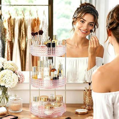 Fangoo 3 Tiers Pink Rotating Makeup Organizer for Vanity 360 Spinning Skincare Organizers for Dresser Perfume Organizer Large Skincare Make up Storage Cosmetic Organizer for Bathroom Countertop