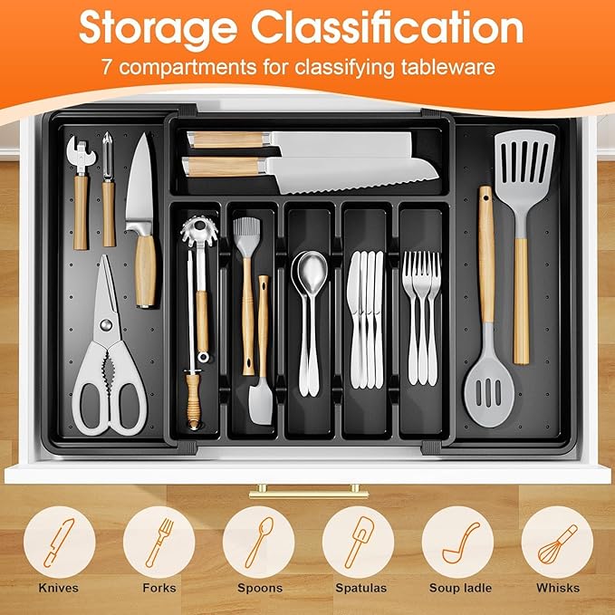 SpaceHacks Silverware Organizer，Adjustable & Expandable Utensil Drawer Organizer, BPA Free Utensil Holder, Cutlery Tray for Forks, Spoons, Knives in Kitchen, Large, Black