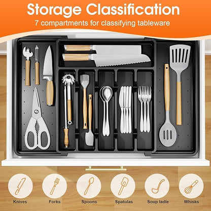 SpaceHacks Silverware Organizer，Adjustable & Expandable Utensil Drawer Organizer, BPA Free Utensil Holder, Cutlery Tray for Forks, Spoons, Knives in Kitchen, Large, Black