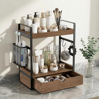 2-Tier Bathroom Counter Organizer with Drawer Basket and Hooks, Wood Bathroom Organizers and Storage for countertop, Farmhouse Dark Brown Countertop Organizer, Counter Shelf for Vanity Kitchen Office