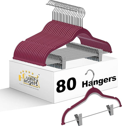 80 Pack Raspberry Quality Plastic Non Velvet Non-Flocked Thin Compact Coat Hangers with Metal Clips for Skirts Pants Blouses 360° Swivel Hook