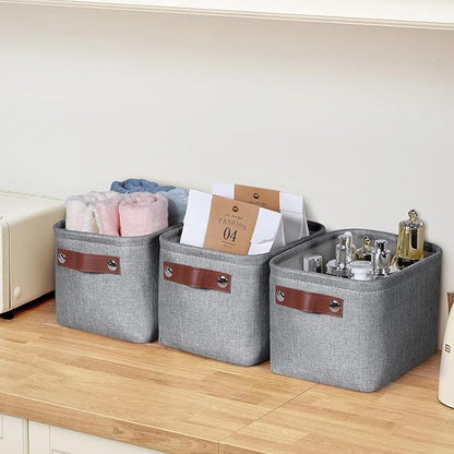 Small Fabric Storage Bins, 7.8x6.7x5.9 inch Mini Storage Cubes 4-Pack Storage Basket for Makeup Collapsible Fabric Storage Organizer with Handles, Decorative Basket for Desk, Shelves, Grey