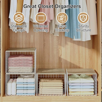 6 Pack Closet Organizers And Storage, Stackable Closet Shelf Organizer Storage Bin Basket For Clothes Sweaters With Top Board, Widened Opening, Heightened Height, Large Capacity, Sturdy, Space-saver