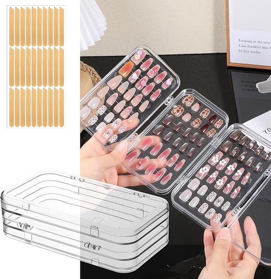 Press On Nail Organizer Case Tri-Fold 4 Page Clear Empty Press On Nail Packing Box PET Plastic Storage Box with 30 pcs Adhesive Double Sided Tape for Storage Display Nails Art Business(6×3.2×1.8 inch)