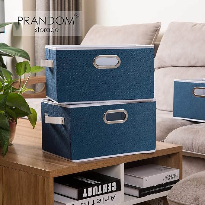 PRANDOM Large Collapsible Storage Baskets for Closet [3-pack] Decorative Fabric Storage Bins Cubes with Leather/Metal Handles for Shelves Bedroom Living Room Royal Blue (14.9x9.8x8.3 Inch)