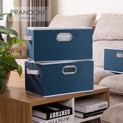 PRANDOM Large Collapsible Storage Baskets for Closet [3-pack] Decorative Fabric Storage Bins Cubes with Leather/Metal Handles for Shelves Bedroom Living Room Royal Blue (14.9x9.8x8.3 Inch)