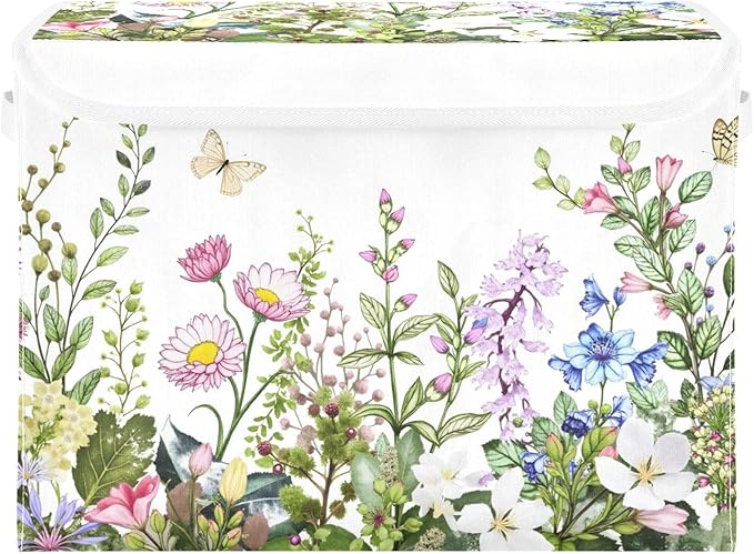 senya Spring Storage Baskets Collapsible Storage Bins with Lids, Spring Wild Flowers Butterfly Storage Boxes Clothes Baskets for Organizing