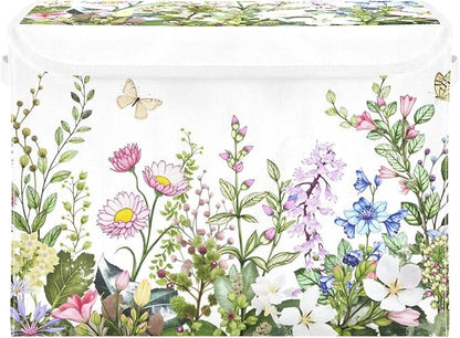 senya Spring Storage Baskets Collapsible Storage Bins with Lids, Spring Wild Flowers Butterfly Storage Boxes Clothes Baskets for Organizing