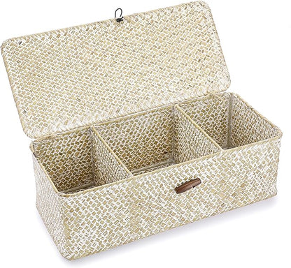 Hipiwe Seagrass Storage Basket Bin 3 Sections Hand-Woven Wicker Baskets with Lid Bathroom Basket Toilet Tank Baskets Holder for Organize Snack Tissue, Whitewash