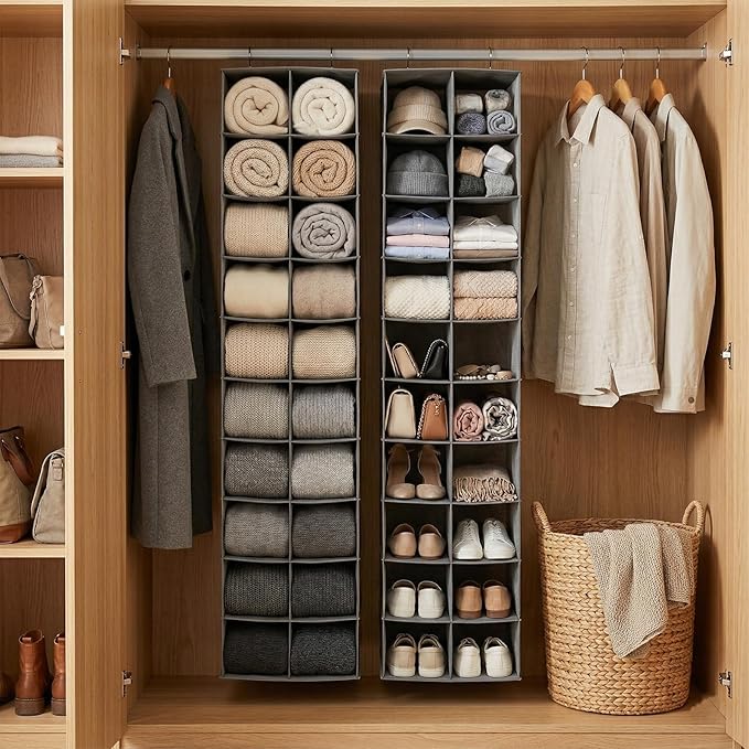 Hanging Shoe Organizer for Closet, 20 Sections Hanging Closet Organizer and Storage Shelves, Space Saving Shoe Rack for Closet, Grey, 12''W×12''Dx 50''H