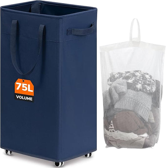 CHICVITA Laundry Basket with Wheels, 75L Laundry Hamper for Dirty Clothes, College Dorm Essentials, Clothes Hamper for Livng Room, Blue