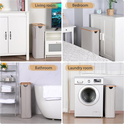 65L Slim Laundry Hamper, Narrow Laundry Basket with Lid,Foldable Clothes Hamper with Bamboo Handles,Hamper Basket with Removable Inner Bag for Laundry Room Bedroom College Dorm,17.17 Gals（Light Grey）