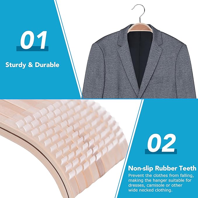 JS Hanger Lightweight Non Slip Wooden Hangers - 10 Pack Heavy Duty Wood Coat Hangers with Soft Stripes for Camisole, Jacket, Dress Clothes, Sweater, Natural Finish