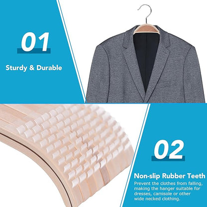 JS Hanger Lightweight Non Slip Wooden Hangers - 10 Pack Heavy Duty Wood Coat Hangers with Soft Stripes for Camisole, Jacket, Dress Clothes, Sweater, Natural Finish