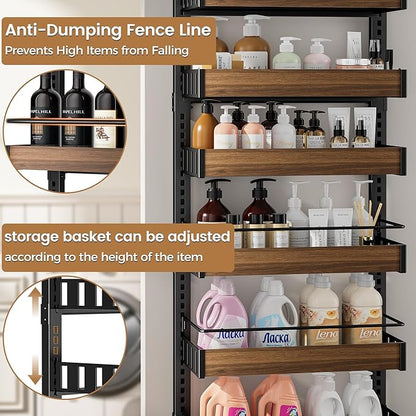POKIPO 6 Tier Over The Door Pantry Organizer, 2-in-1 Door Hanging or Wall Mounted Spice Rack, Large Heavy Duty Pantry Door Storage Seasoning Shelves with Adjustable Basket for Kitchen Bathroom Closet