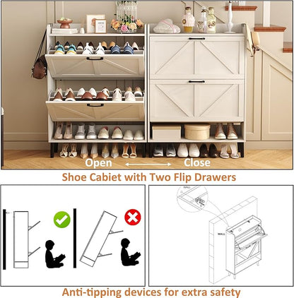 HOMEFORT Shoe Storage Cabinet for Entryway, Slim Shoe Organizer with Two Flip Drawers, Narrow Shoe Rack Cabinet with Wood Legs, Farmhouse Hidden Shoe Cabinet for Front Door Entrance,Antique White