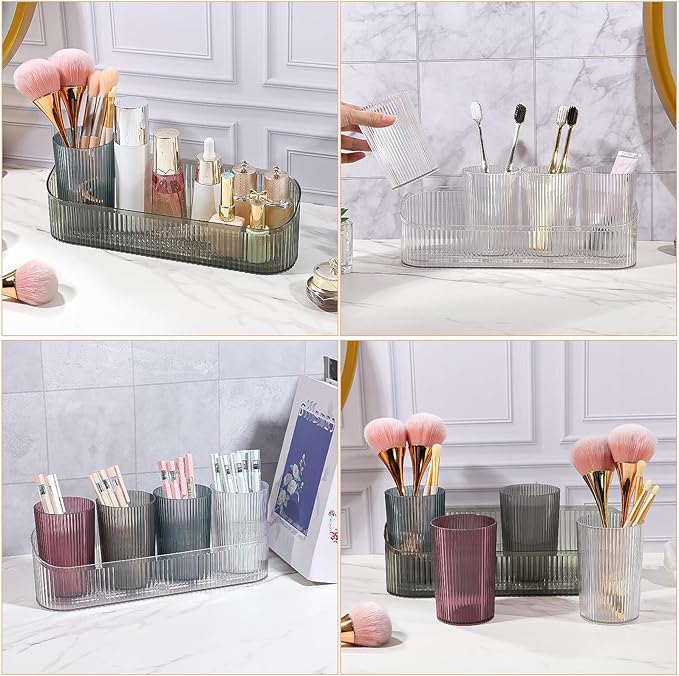 DASITON Makeup Brush Holder Organizer with 4 Cup, Vintage Striped Make Up Brush Holder for Vanity, Bathroom Toothbrush Holders, Acrylic Cosmetic Brushes Storage Organizer Pen Holder (Green+Multicolor)