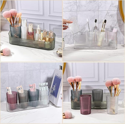 DASITON Makeup Brush Holder Organizer with 4 Cup, Vintage Striped Make Up Brush Holder for Vanity, Bathroom Toothbrush Holders, Acrylic Cosmetic Brushes Storage Organizer Pen Holder (Clear+Multicolor)