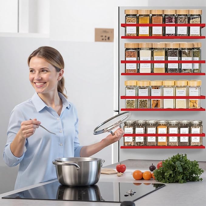 SMRCAD Magnetic Spice Rack for Refrigerator Seasoning Organizer for Spice Fridge Shelf storage Magnetic Shelf with Hook for Oven (RED -cut out, 4pack)