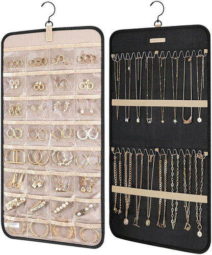 BAGSMART Hanging Jewelry Organizer Storage Roll with Hanger Metal Hooks Double-Sided Jewelry Holder for Earrings, Necklaces, Rings on Closet, Wall, Door, 1 piece, Medium, Black