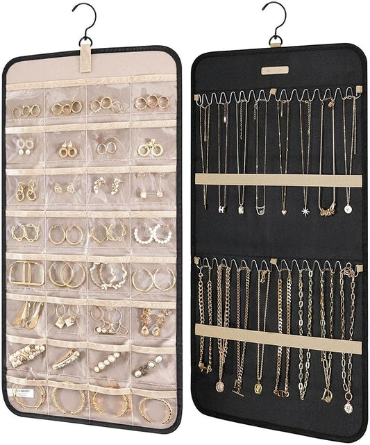 BAGSMART Hanging Jewelry Organizer Storage Roll with Hanger Metal Hooks Double-Sided Jewelry Holder for Earrings, Necklaces, Rings on Closet, Wall, Door, 1 piece, Medium, Black