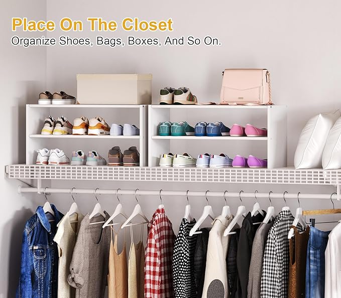 Cidaziya 2 Tier Small White Shoe Rack for Closet, Stackable Shoe Shelf Organizer for 9-12 Pairs of Shoes, Portable Wood and Cloth Structure, Small Shoe Storage Organizer, Size 28.5"* 11" * 13"