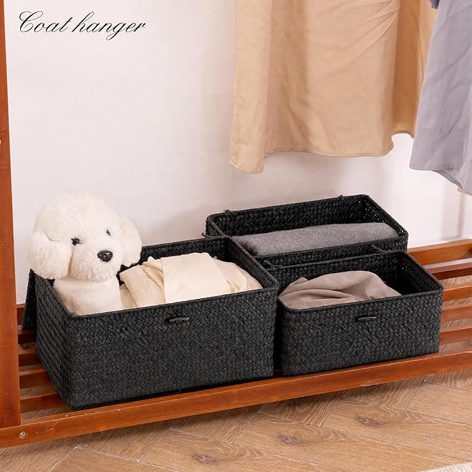 Nonam Storage Basket with Lid, Natural Seagrass Bin with Lid Set of 3, Shelf Baskets Multipurpose Container for Boho Decoration, Rectangular Household Storage Boxes for Home Organization-Black